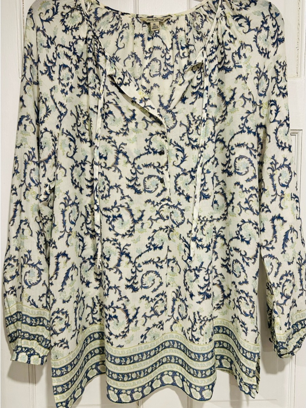Lucky Brand XL Sheer Boho Blouse Tie Neck Rayon Floral Scroll Top - Picture 2 of 6